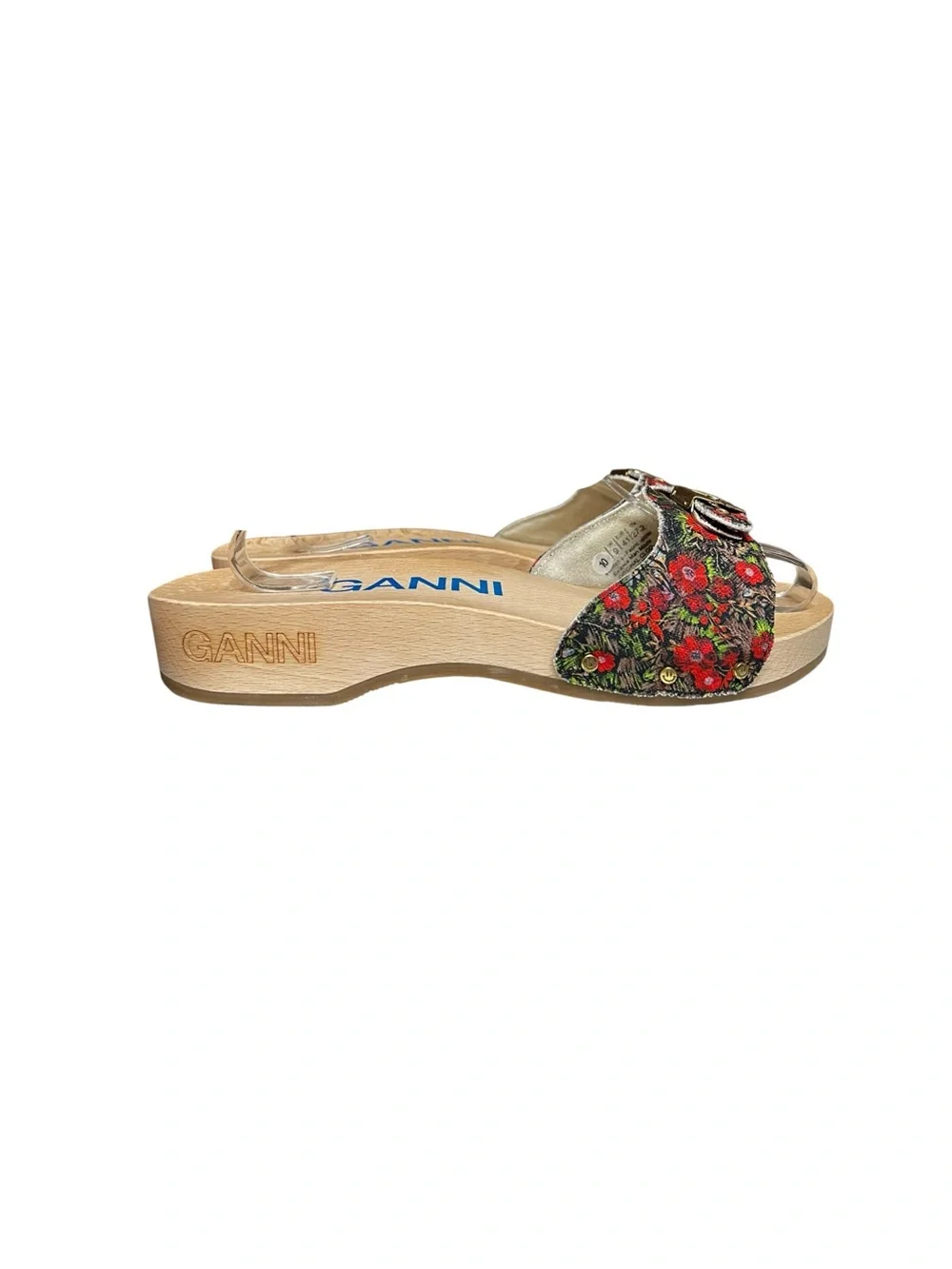 🌻NEW GANNI x Dr. Scholl’s Red Floral Buckle Wooden Clog Slide Sandals Size 10 - Picture 4 of 10